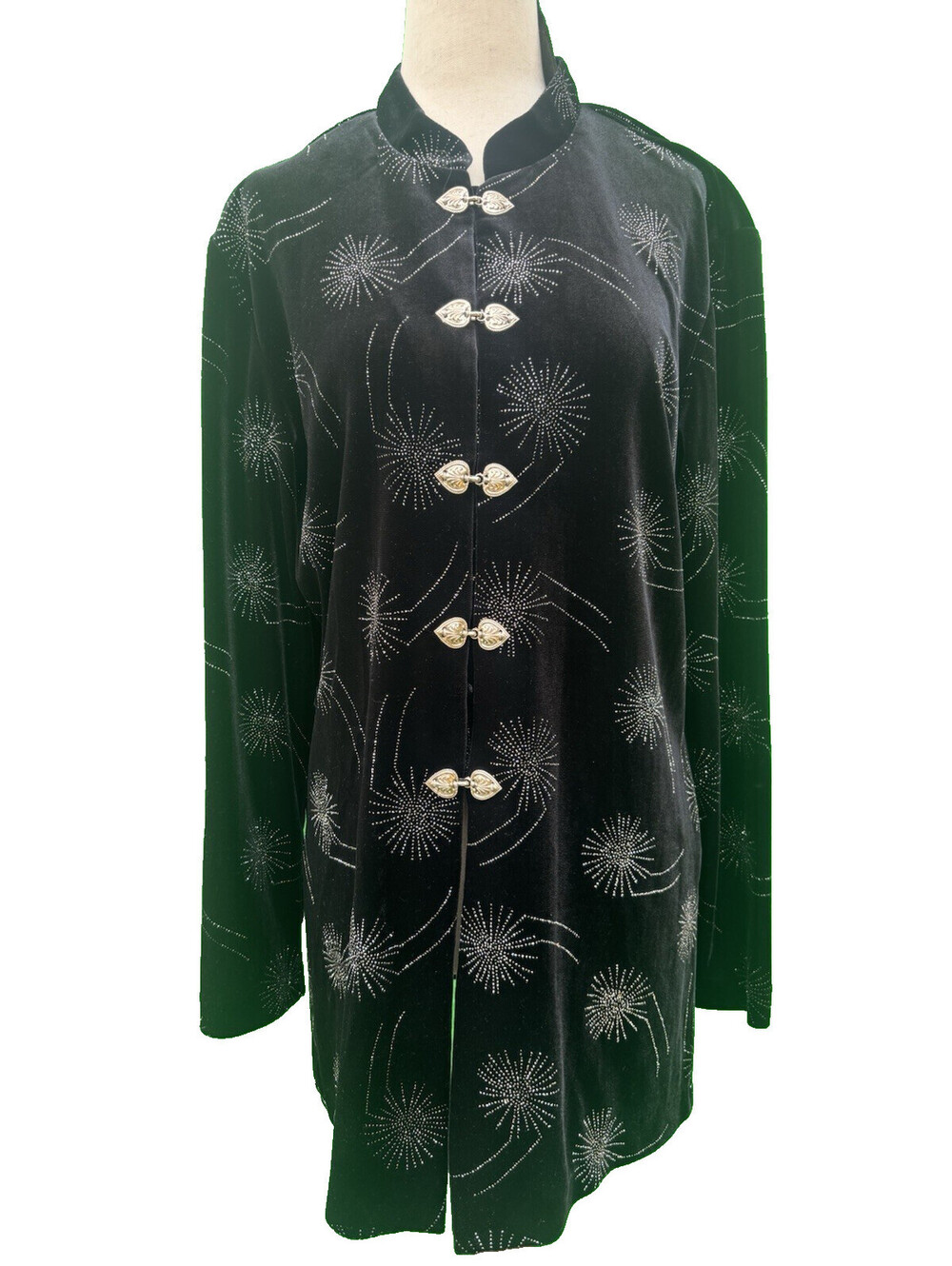 Vtg JBS LTD Black Velvet Evening Jacket Silver Glitter Burst Mandarin Clasp L